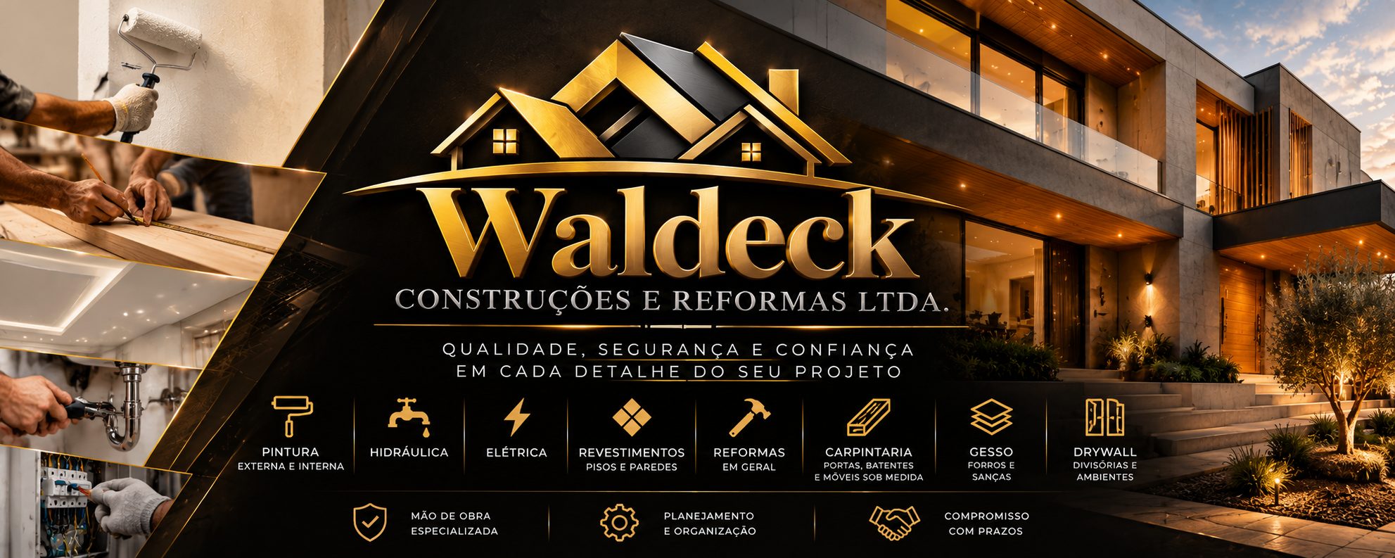 Banner Waldeck Construções e Reformas Ltda.: pintura, hidráulica, elétrica, revestimentos, reformas, carpintaria, gesso e drywall